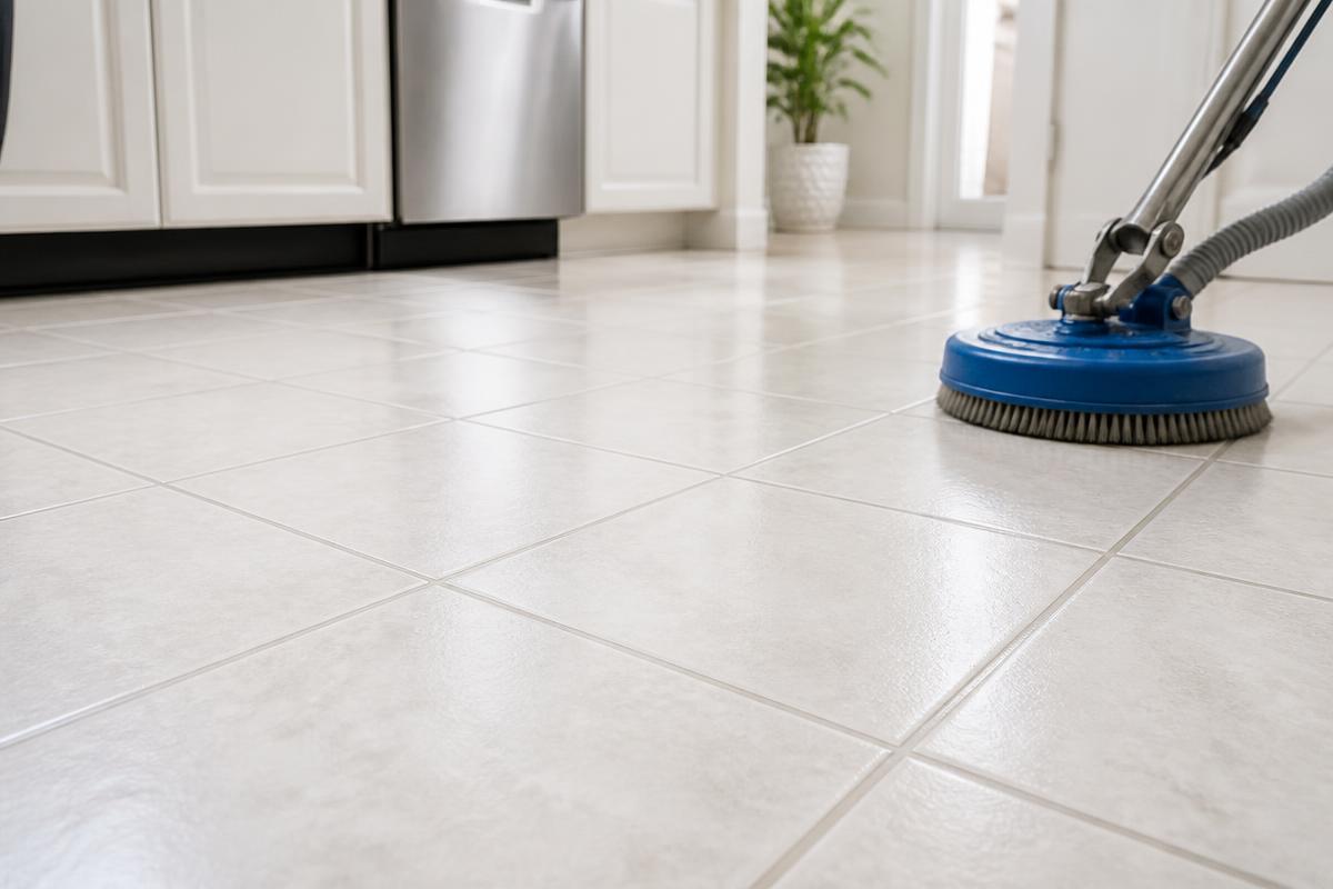 Freshly cleaned tile and grout floor in a bright kitchen