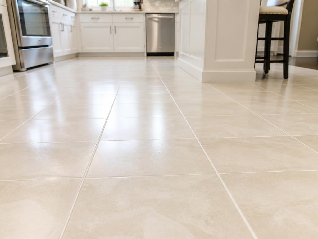 Spotless cream tile flooring in a bright modern kitchen
